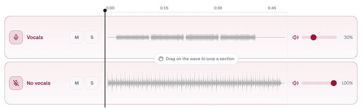 The Vocals and No vocals lanes with Quiet guide picked: the vocal fader at 30% and the backing at 100%