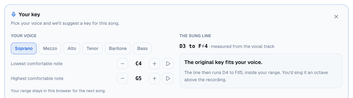 The panel with Soprano picked and a range from C4 to G5: the original key fits, and the line would run D4 to F♯5, an octave above the recording