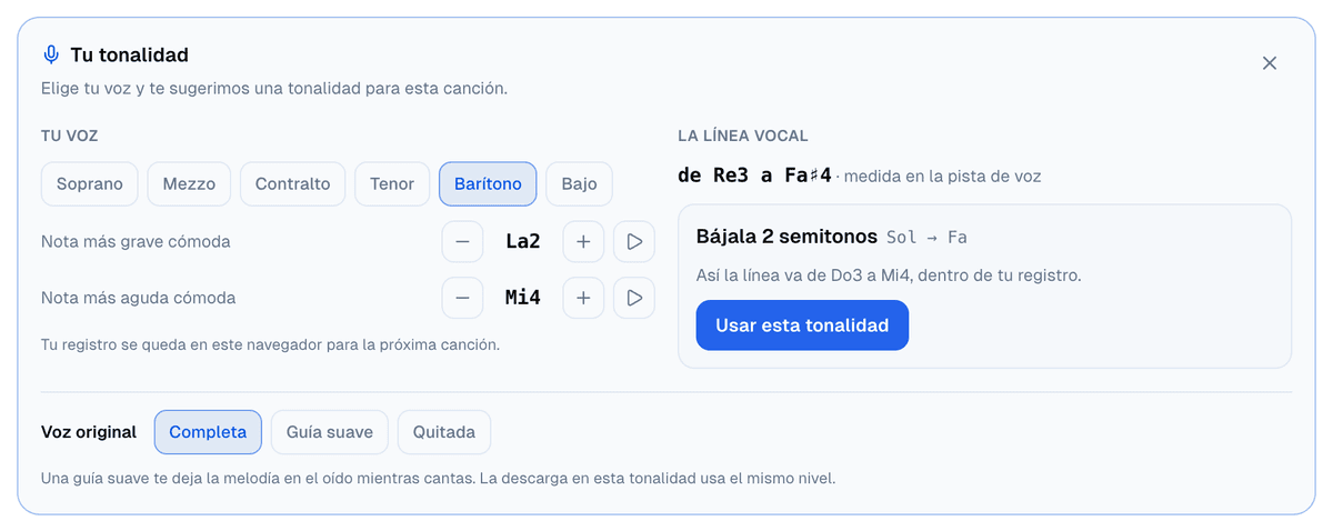 El panel Tu tonalidad con Barítono elegido, el registro de La2 a Mi4 con botones para mover y tocar cada extremo, y la propuesta Bájala 2 semitonos, de Sol a Fa, con el botón Usar esta tonalidad