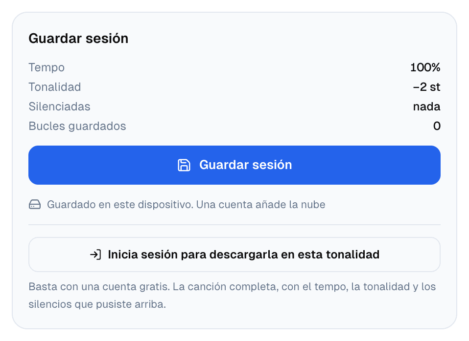 La tarjeta Guardar sesión con la tonalidad en −2 st y el botón Inicia sesión para descargarla en esta tonalidad, con la nota Basta con una cuenta gratis