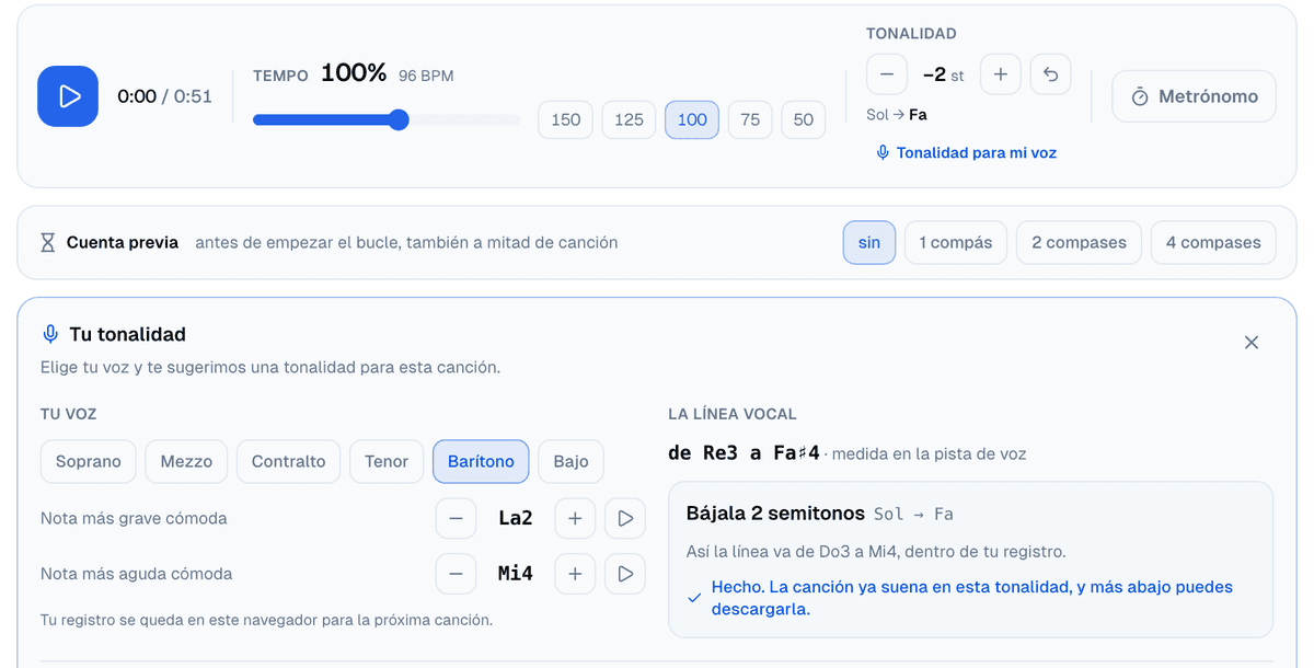 La tonalidad en −2 st con Sol → Fa, y el panel confirmando Hecho
