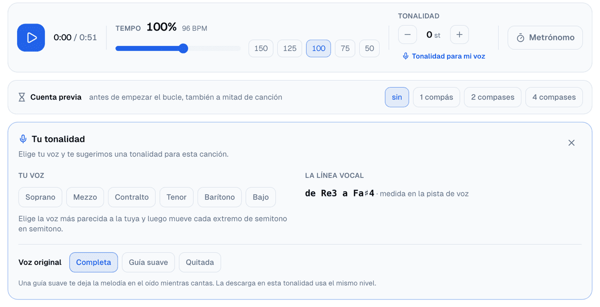 Los controles de reproducción con la tonalidad en 0 st y el botón Tonalidad para mi voz, y debajo el panel Tu tonalidad abierto: seis tipos de voz, la línea vocal medida de Re3 a Fa♯4 y los tres niveles de la voz original