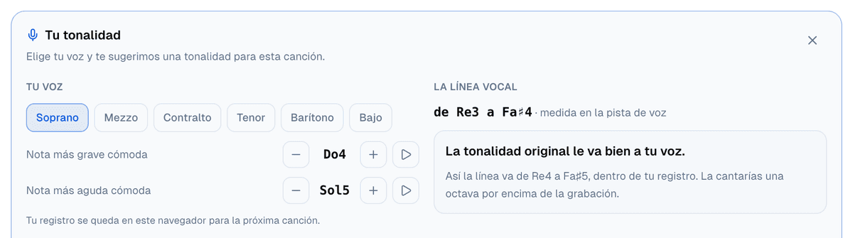 El panel con Soprano elegida y el registro de Do4 a Sol5: la tonalidad original le va bien a tu voz, la línea iría de Re4 a Fa♯5, una octava por encima de la grabación