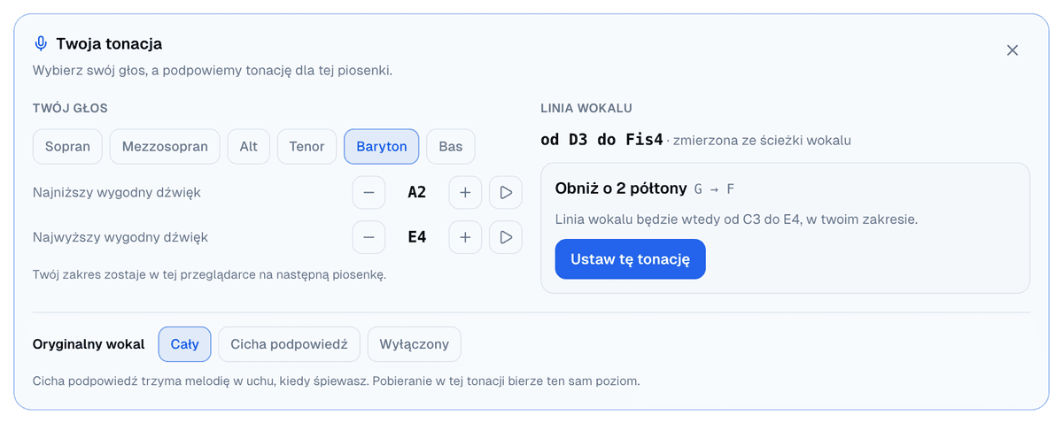 Panel Twoja tonacja z wybranym barytonem, zakresem od A2 do E4 z przyciskami do przesuwania i odsłuchu każdego końca oraz podpowiedzią Obniż o 2 półtony, z G do F, z przyciskiem Ustaw tę tonację