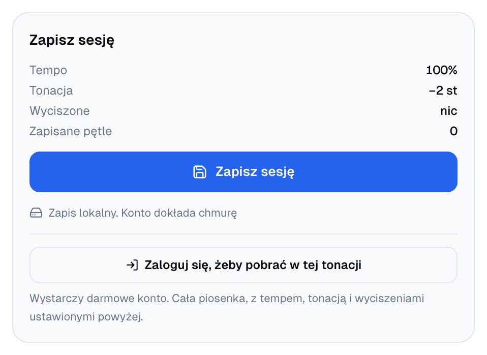 Karta Zapisz sesję z tonacją −2 st i przyciskiem Zaloguj się, żeby pobrać w tej tonacji, z dopiskiem, że wystarczy darmowe konto