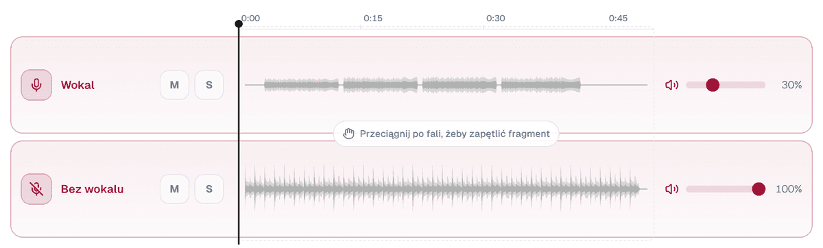 Ścieżki Wokal i Bez wokalu z wybraną cichą podpowiedzią: suwak wokalu na 30%, podkład na 100%