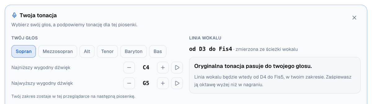 Panel z wybranym sopranem i zakresem od C4 do G5: oryginalna tonacja pasuje, a linia byłaby od D4 do Fis5, oktawę wyżej niż w nagraniu
