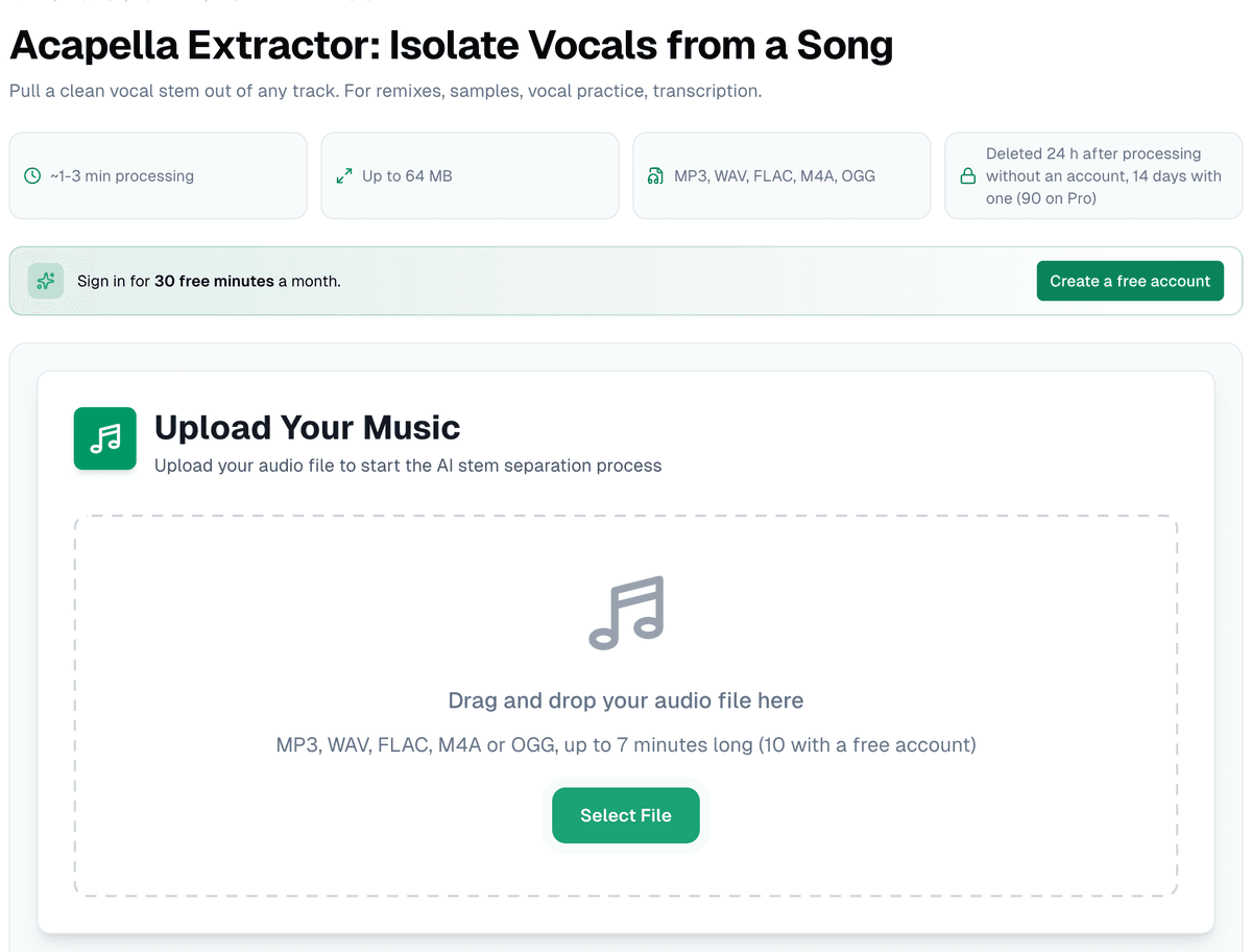 The Acapella Extractor page: processing time of about one to three minutes, a 64 MB limit, MP3, WAV, FLAC, M4A and OGG, files deleted 24 hours after processing without an account and 14 days with one (90 on Pro), and the Upload Your Music drop zone