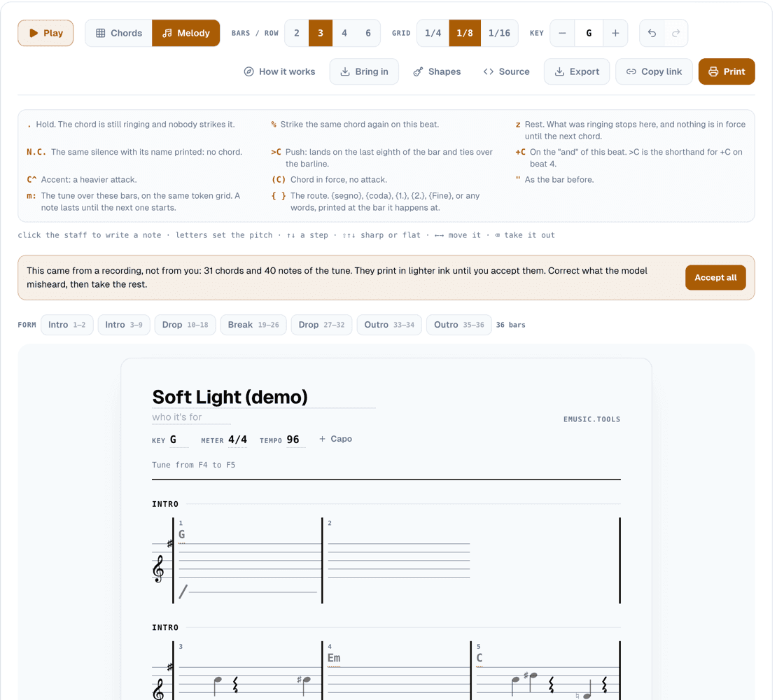 The Lead Sheet Maker opened from the practice screen, with a notice that 31 chords and 40 notes came from a recording and print in lighter ink until accepted, an Accept all button, the song's form from Intro to Outro, and the melody on a staff under the chord symbols