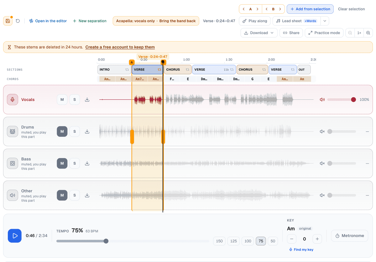 The Vocals lane playing with Drums, Bass and Other greyed out, a loop over the verse from 0:24 to 0:47 marked with A and B handles across the lanes, the buttons to nudge its edges and Add from selection above, and the tempo set to 75% (63 BPM)