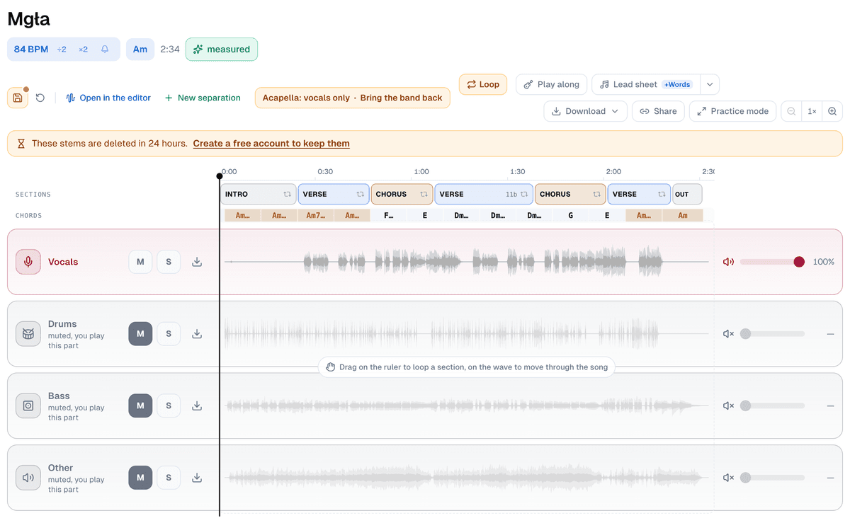 The practice screen for Mgła after an acapella job: 84 BPM and A minor marked measured, the label Acapella: vocals only with Bring the band back, the Sections and Chords rows, and the Vocals lane playing above the muted Drums, Bass and Other lanes