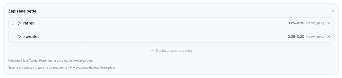 Karta Zapisane pętle z dwiema nazwanymi pętlami, refren od 0:25 do 0:35 i zwrotka od 0:05 do 0:20, każda z przyciskiem Nazwij pętlę, strzałkami do zmiany kolejności i dopiskiem o tym, że kolejność ustalasz sam