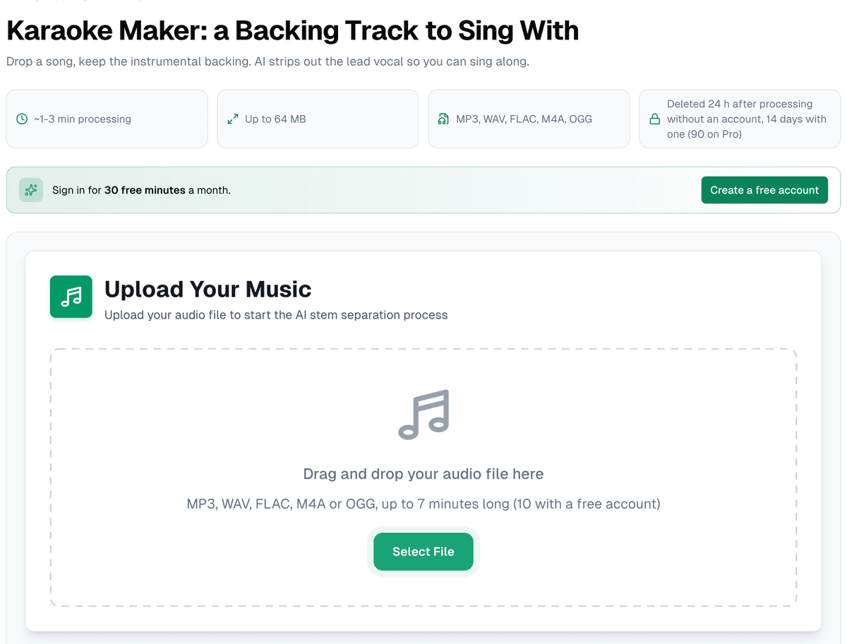 The Karaoke Maker page: processing time of about one to three minutes, a 64 MB limit, MP3, WAV, FLAC, M4A and OGG, files deleted 24 hours after processing without an account and 14 days with one (90 on Pro), and the Upload Your Music drop zone