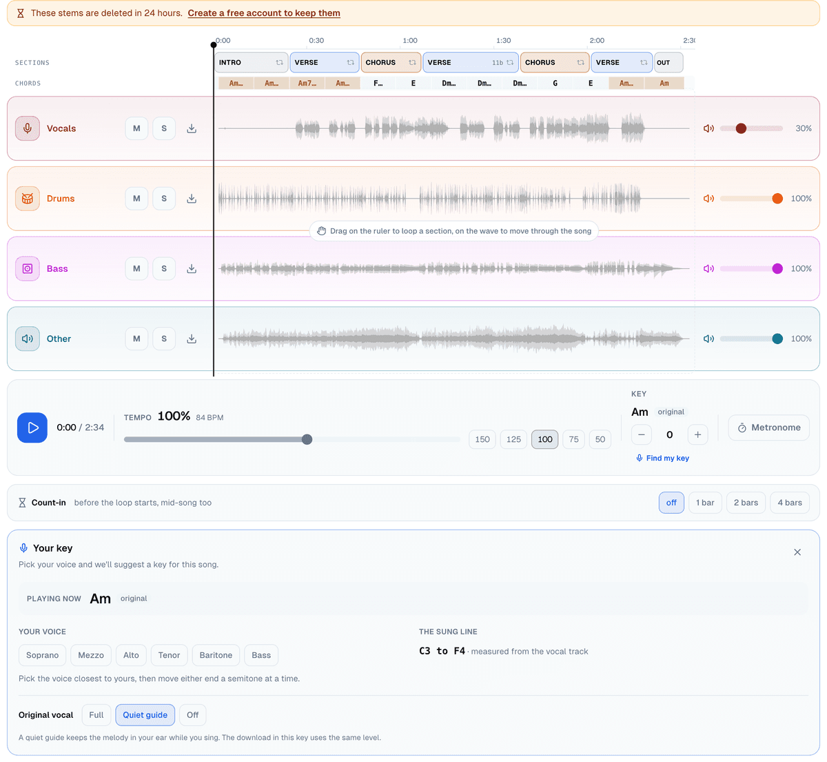 The practice screen for a karaoke job: the Vocals lane at 30% and the Drums, Bass and Other lanes at 100%, the transport, the count-in row, and the Your key panel with the Original vocal row set to Quiet guide, between Full and Off
