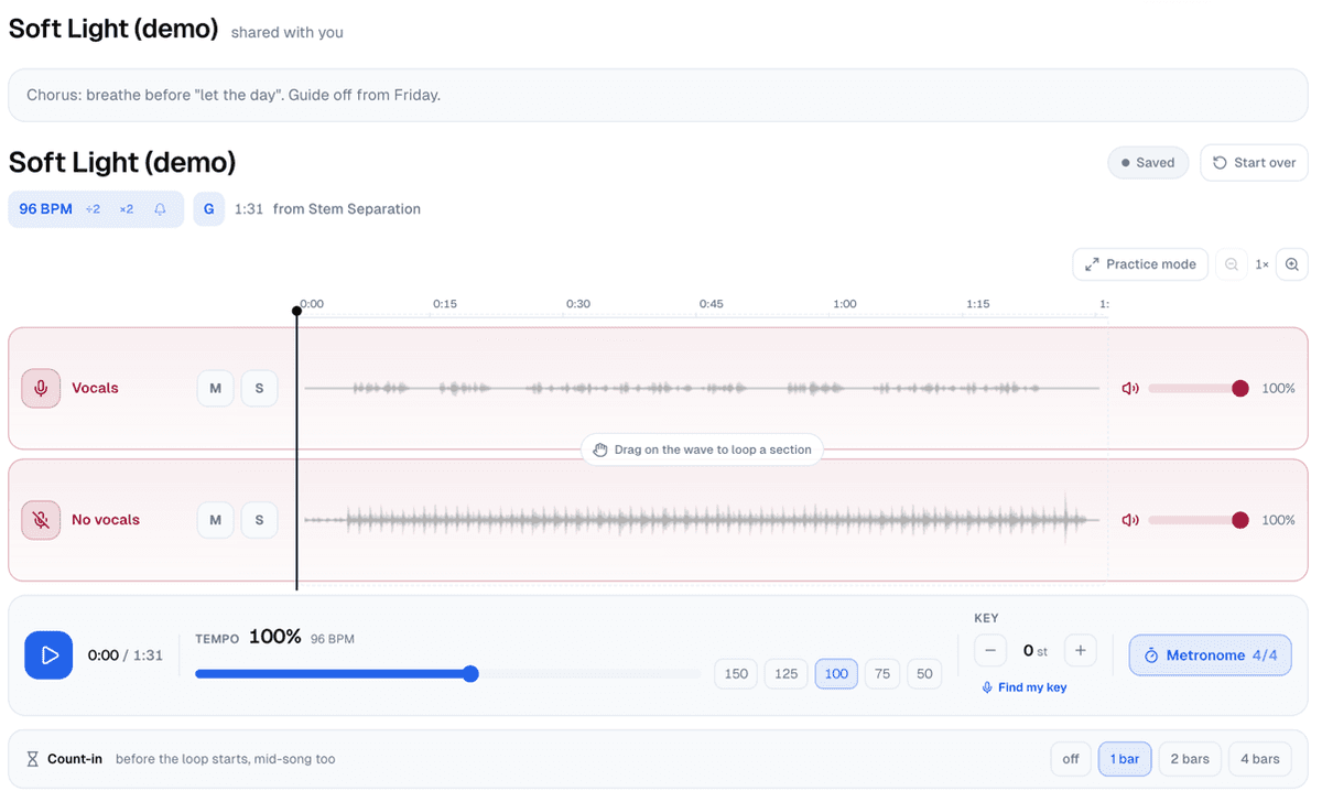 A practice session opened from a shared link: the song title with shared with you, the practice note at the top, the Vocals and No vocals lanes, the metronome on and a count-in of 1 bar