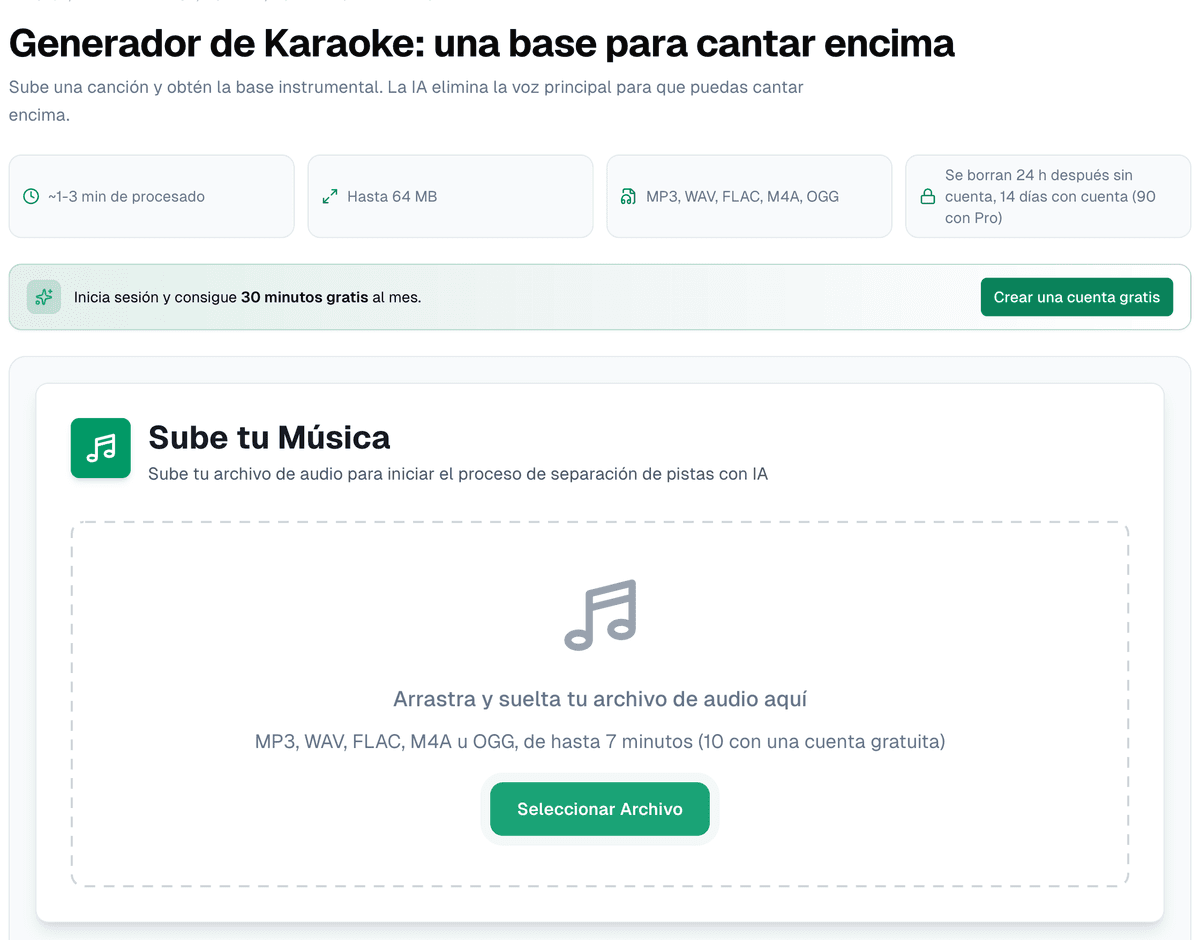 La página del generador de karaoke: procesado de uno a tres minutos, límite de 64 MB, formatos MP3, WAV, FLAC, M4A y OGG, archivos borrados 24 horas después sin cuenta y a los 14 días con cuenta (90 con Pro), y la zona para subir el archivo