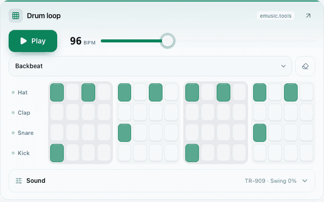 Drum loop widget at size L: Play, tempo, a Backbeat preset and a sixteen-step grid for hi-hat, clap, snare and kick