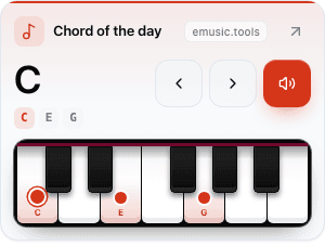Chord of the day widget at size S: a C major chord on a small keyboard with a play button