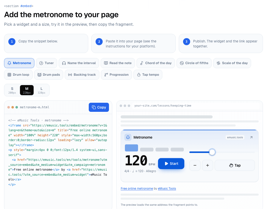 The embed section of the widgets page: three steps, a row of twelve widget buttons, an S, M, L size switch with heights, the code on the left and a live preview on a mock lesson page on the right