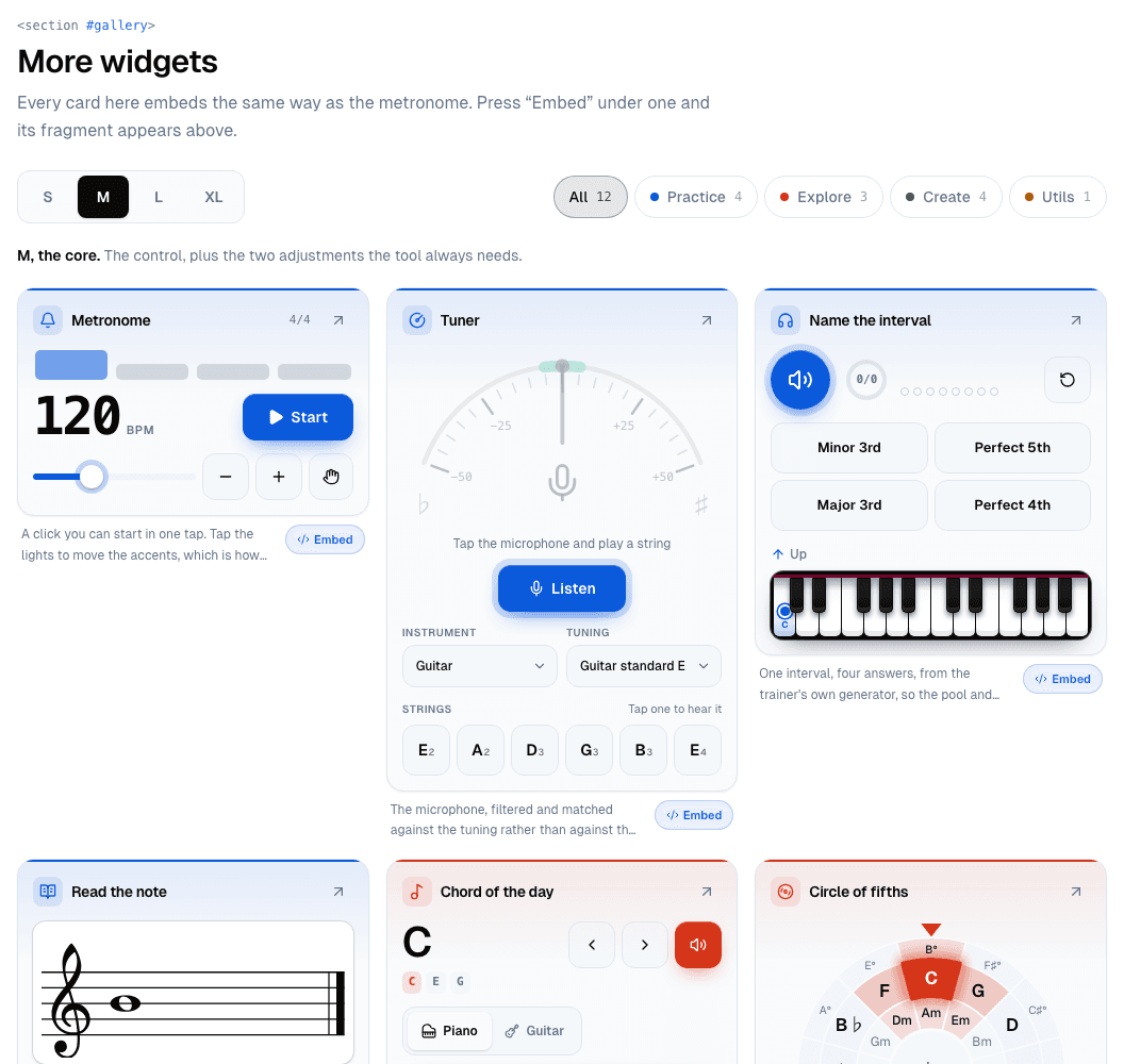 The widget gallery at size M: filters for Practice, Explore, Create and Utils, and cards for the metronome, tuner, interval trainer, note reading, chord of the day and circle of fifths, each with an Embed button