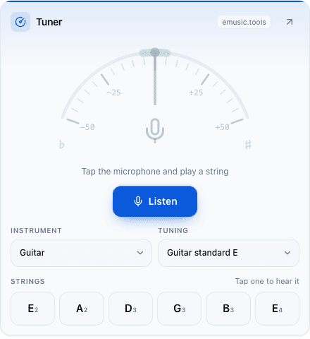 Tuner widget at size M: a needle gauge, a Listen button, instrument and tuning menus and six string buttons
