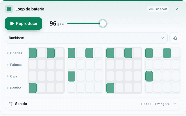 Widget de loop de batería en tamaño L: Reproducir, tempo, el patrón Backbeat y una rejilla de dieciséis pasos para charles, palmas, caja y bombo