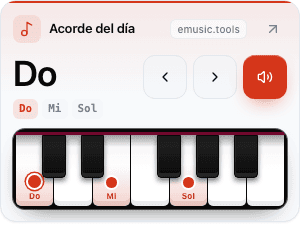 Widget Acorde del día en tamaño S: un acorde de Do mayor en un teclado pequeño con botón de reproducir