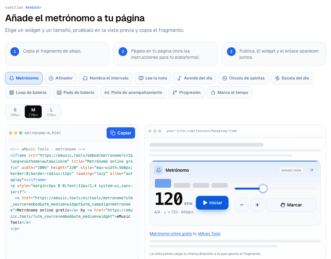 Sección de inserción de la página de widgets: tres pasos, una fila con los doce widgets, un selector de tamaño S, M, L con sus alturas, el código a la izquierda y una vista previa sobre una página de clase de ejemplo a la derecha