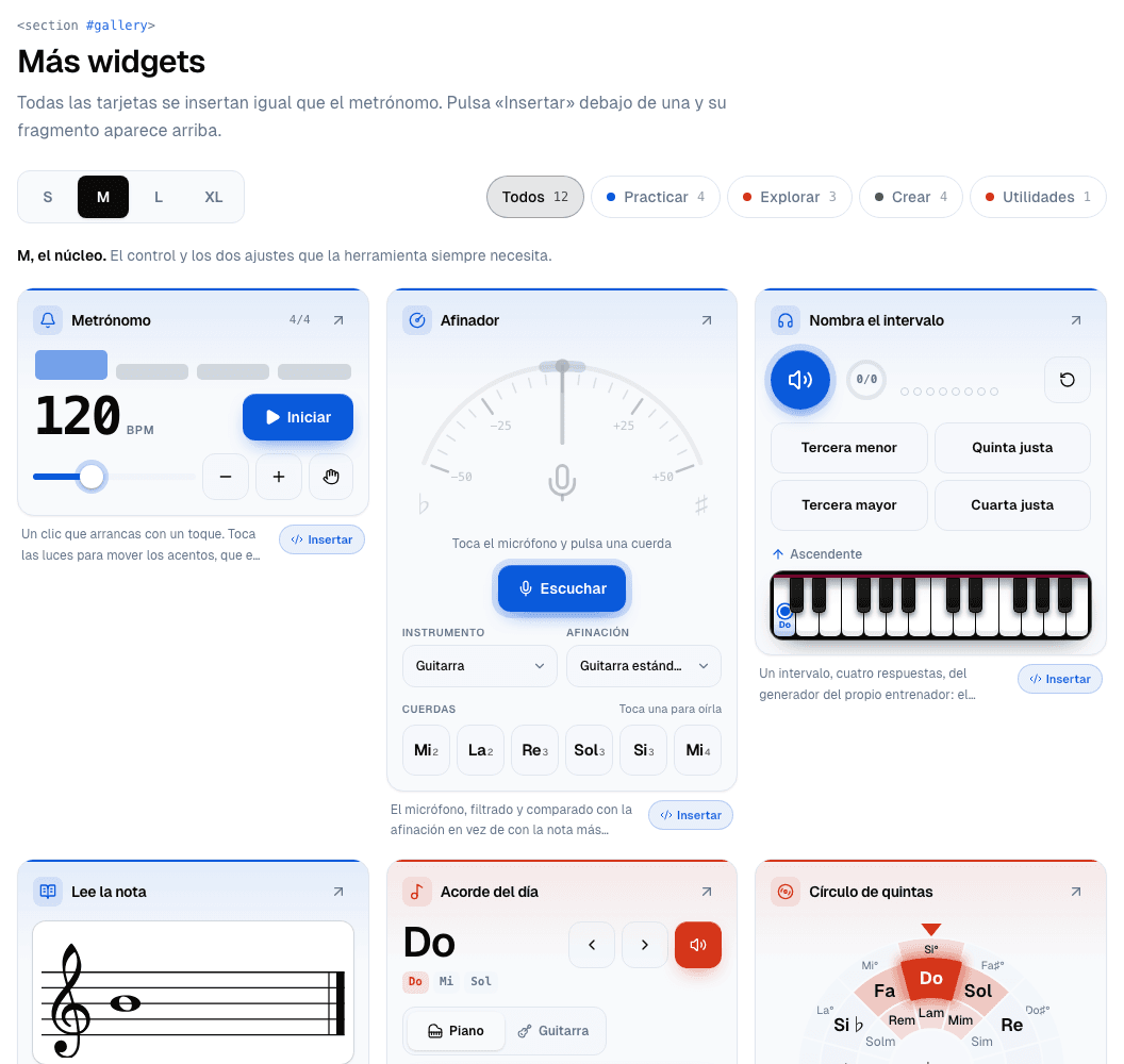 Galería de widgets en tamaño M: filtros Practicar, Explorar, Crear y Utilidades y las tarjetas de metrónomo, afinador, intervalos, lectura de notas, acorde del día y círculo de quintas, cada una con su botón Insertar