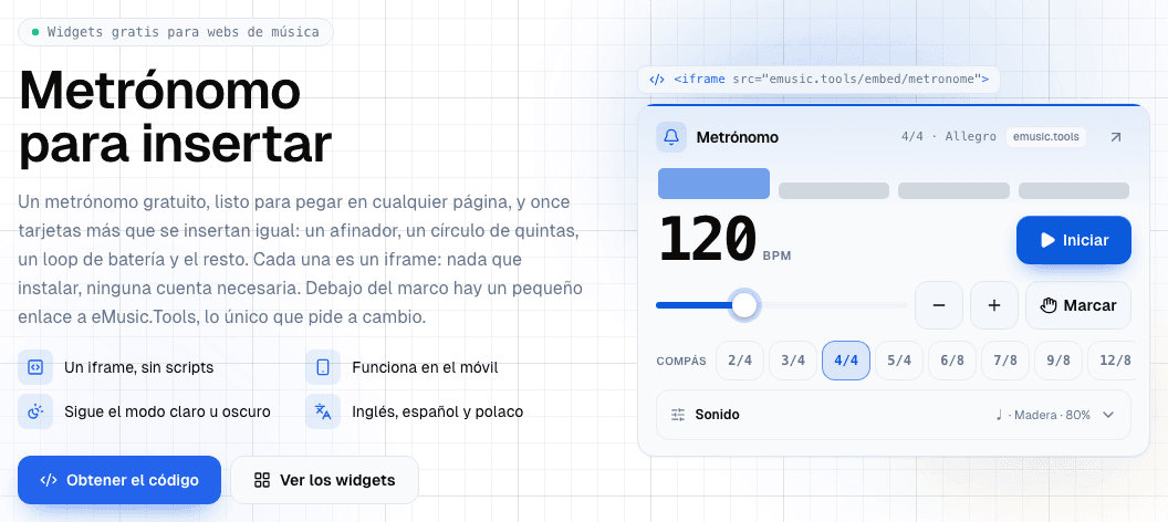Parte superior de la página de widgets de eMusic Tools: el título, cuatro ventajas (un iframe, funciona en el móvil, modo claro y oscuro, tres idiomas) y un metrónomo funcionando a la derecha