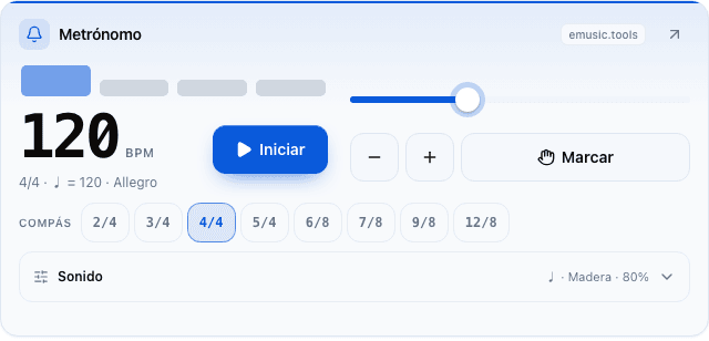 Widget de metrónomo en tamaño L: tempo, Iniciar, deslizador, marcar, una fila de compases de 2/4 a 12/8 y el panel Sonido