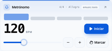 Widget de metrónomo en tamaño M: el tempo, el botón Iniciar, un deslizador de tempo, menos, más y marcar
