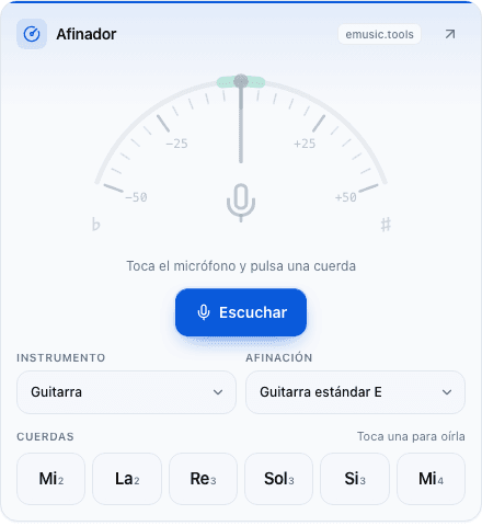 Widget de afinador en tamaño M: la aguja, el botón Escuchar, los menús de instrumento y afinación y seis botones de cuerda