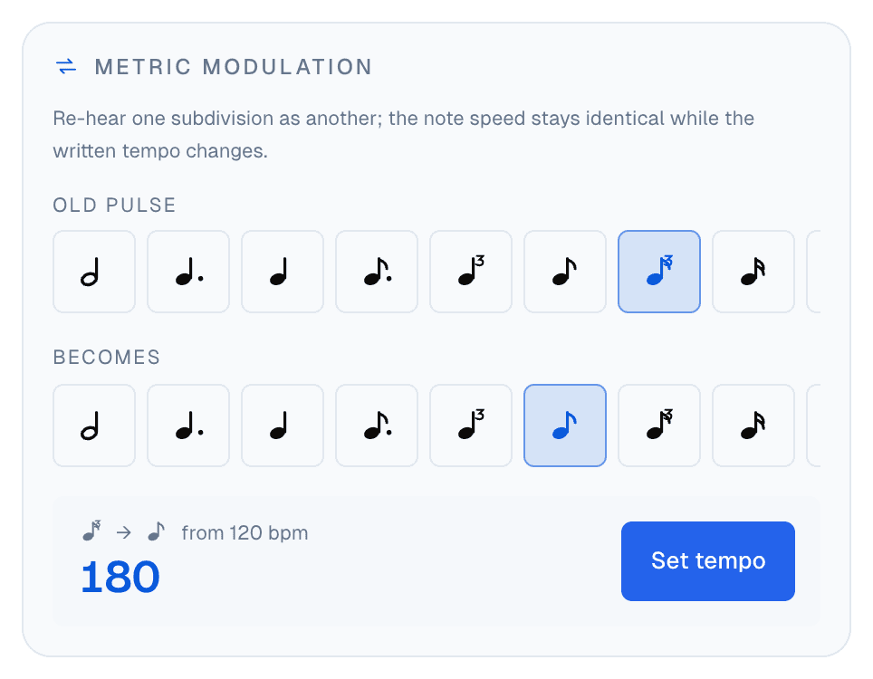 The metric modulation calculator: old pulse an eighth-note triplet, becomes an eighth note, from 120 BPM gives 180