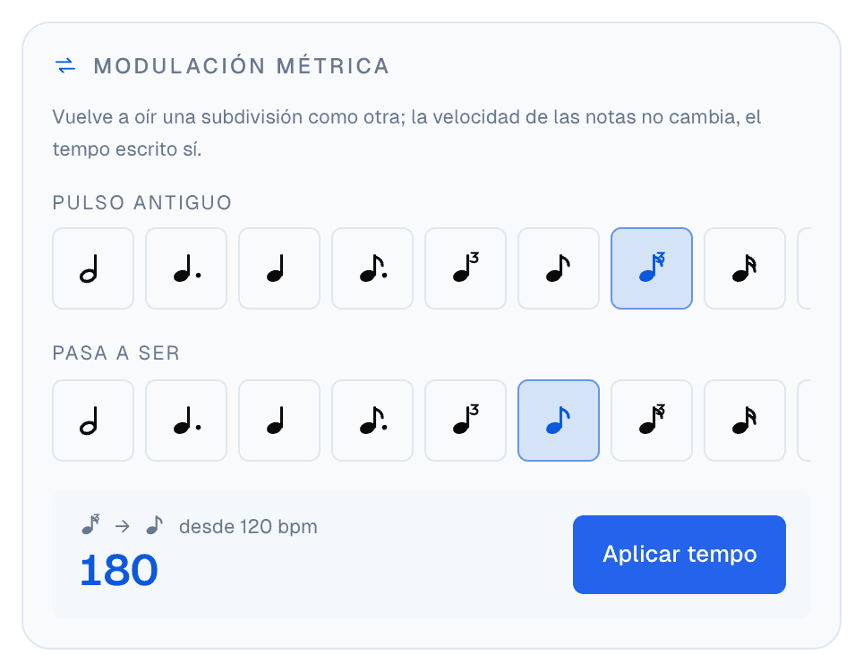La calculadora de modulación métrica: pulso anterior tresillo de corcheas, se convierte en corchea, de 120 BPM sale 180