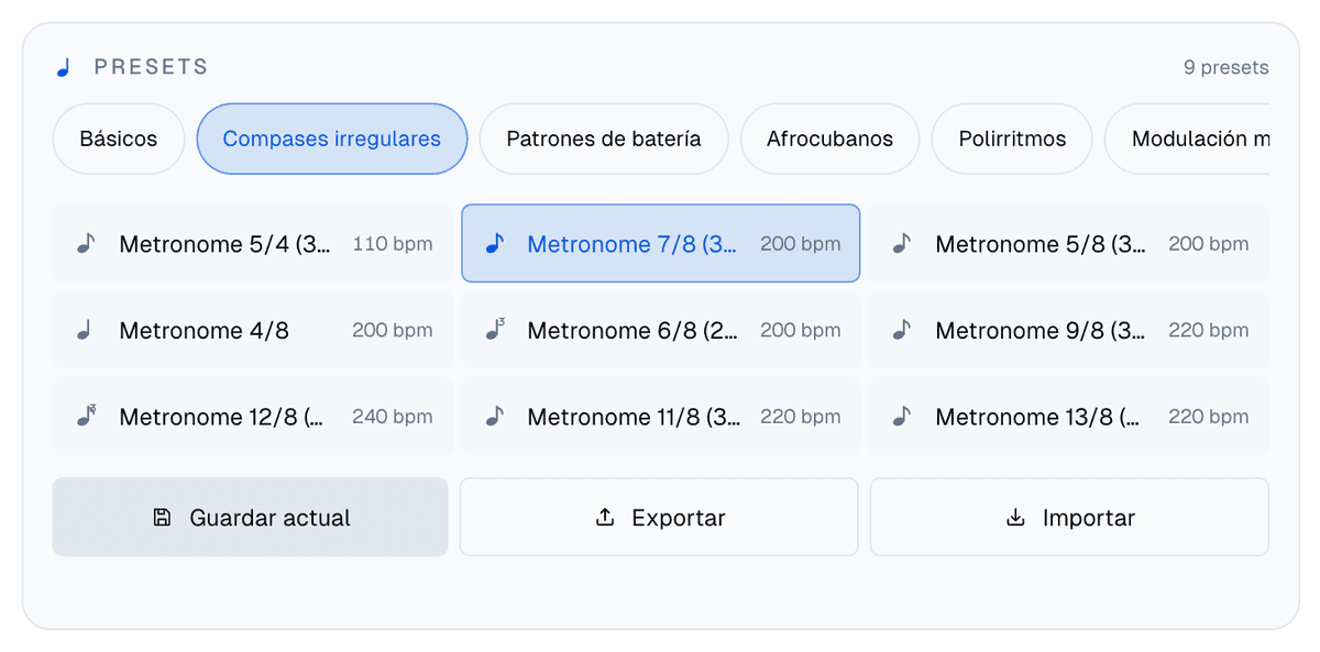 El panel de Presets con el grupo Compases irregulares abierto: 5/4, 7/8, 5/8, 4/8, 6/8, 9/8, 12/8, 11/8 y 13/8