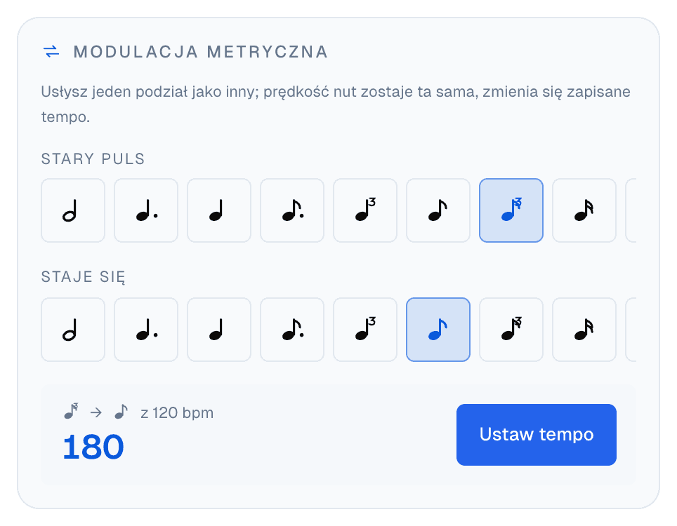 Kalkulator modulacji metrycznej: stary puls triola ósemkowa, staje się ósemką, ze 120 BPM wychodzi 180