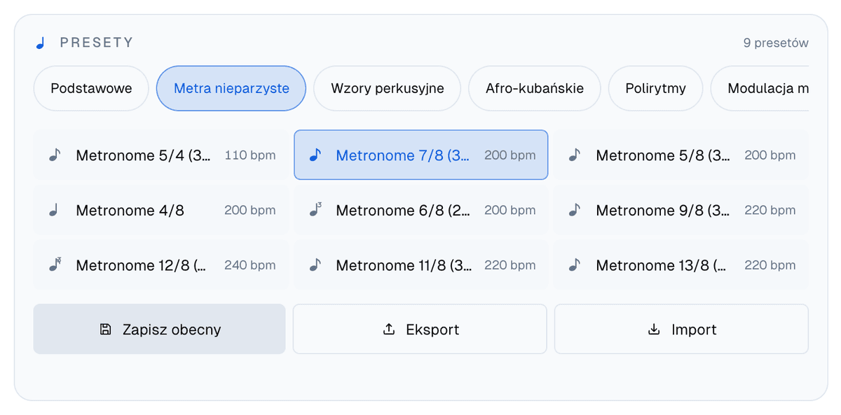 Panel Presety z otwartą grupą Metra nieparzyste: 5/4, 7/8, 5/8, 4/8, 6/8, 9/8, 12/8, 11/8 i 13/8