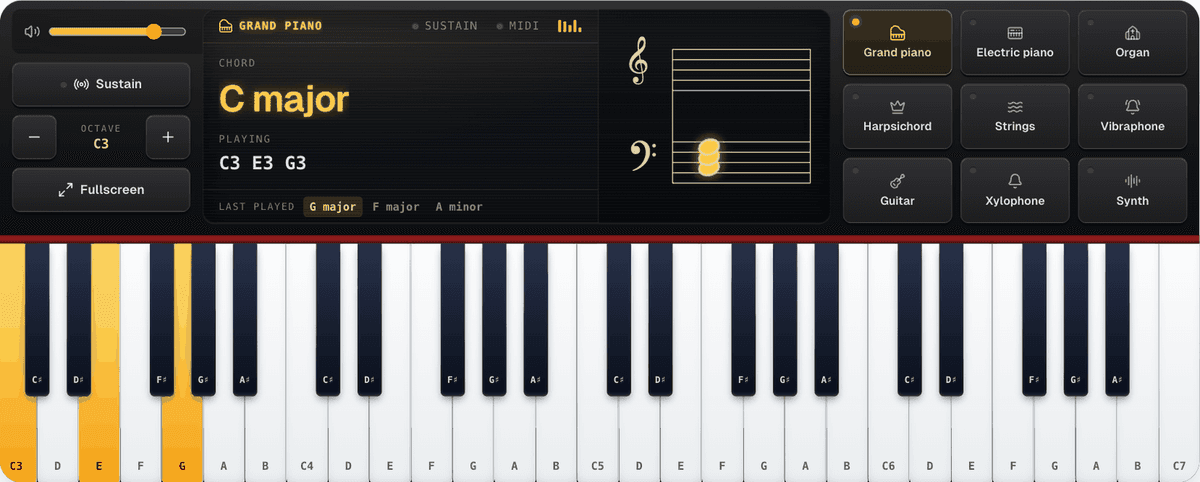 The emusic.tools online piano holding a C major chord: the display names it, lists the notes, writes them on the staff and keeps the chords played before it