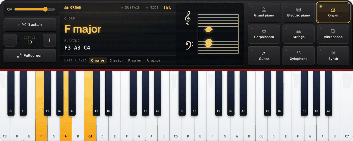 The Organ voice button lit and an F major chord on the display, with the progression played before it along the bottom