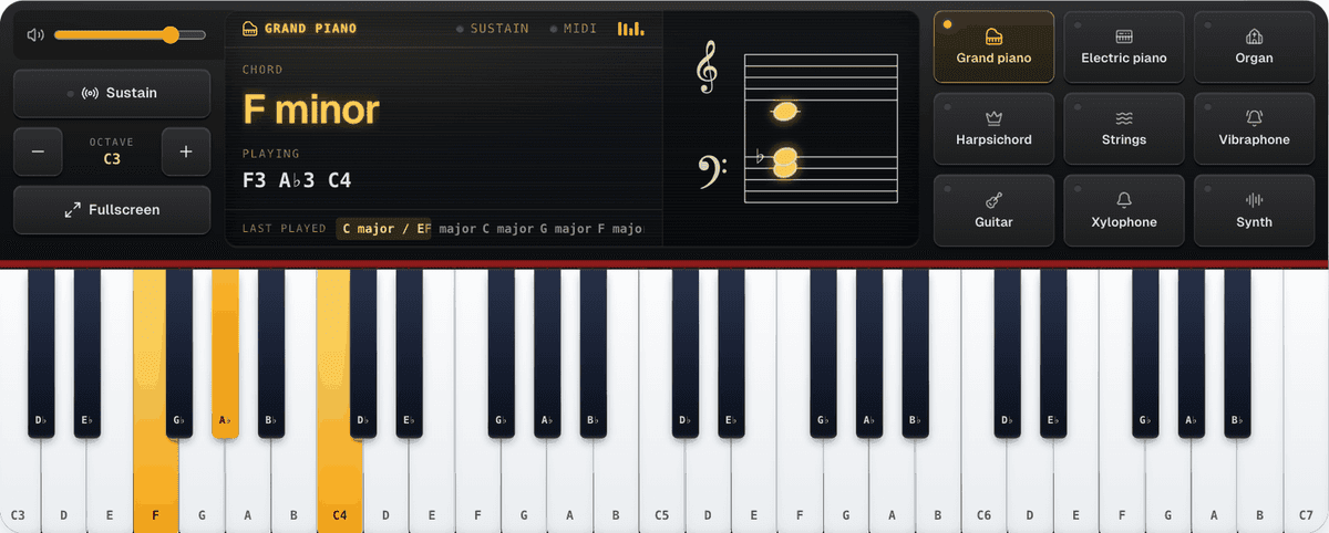 Flats selected: the F minor chord shown as F3 A♭3 C4 on the keys, in the readout and on the staff
