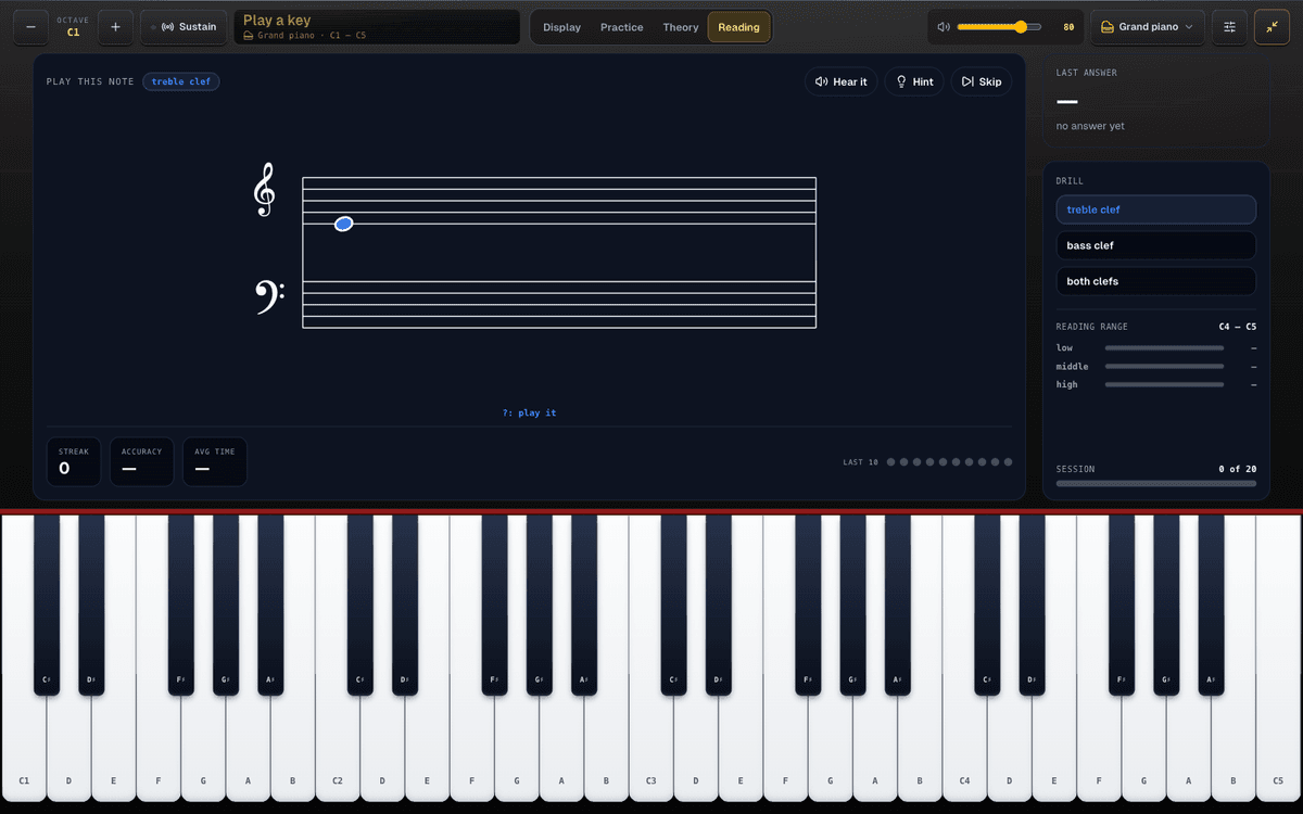 Fullscreen Reading mode: a note on the treble staff to find on the keyboard, with streak and accuracy