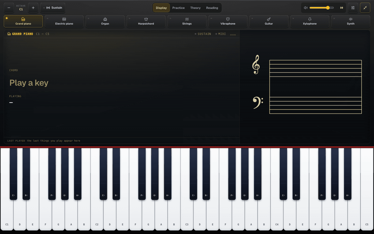 Fullscreen Practice mode: Bach's Prelude in C as falling notes above the piano keys