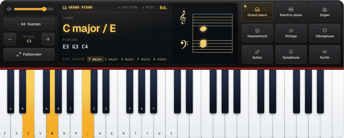 Key shortcuts turned on: each piano key shows its computer key, and the E G C chord is named C major / E