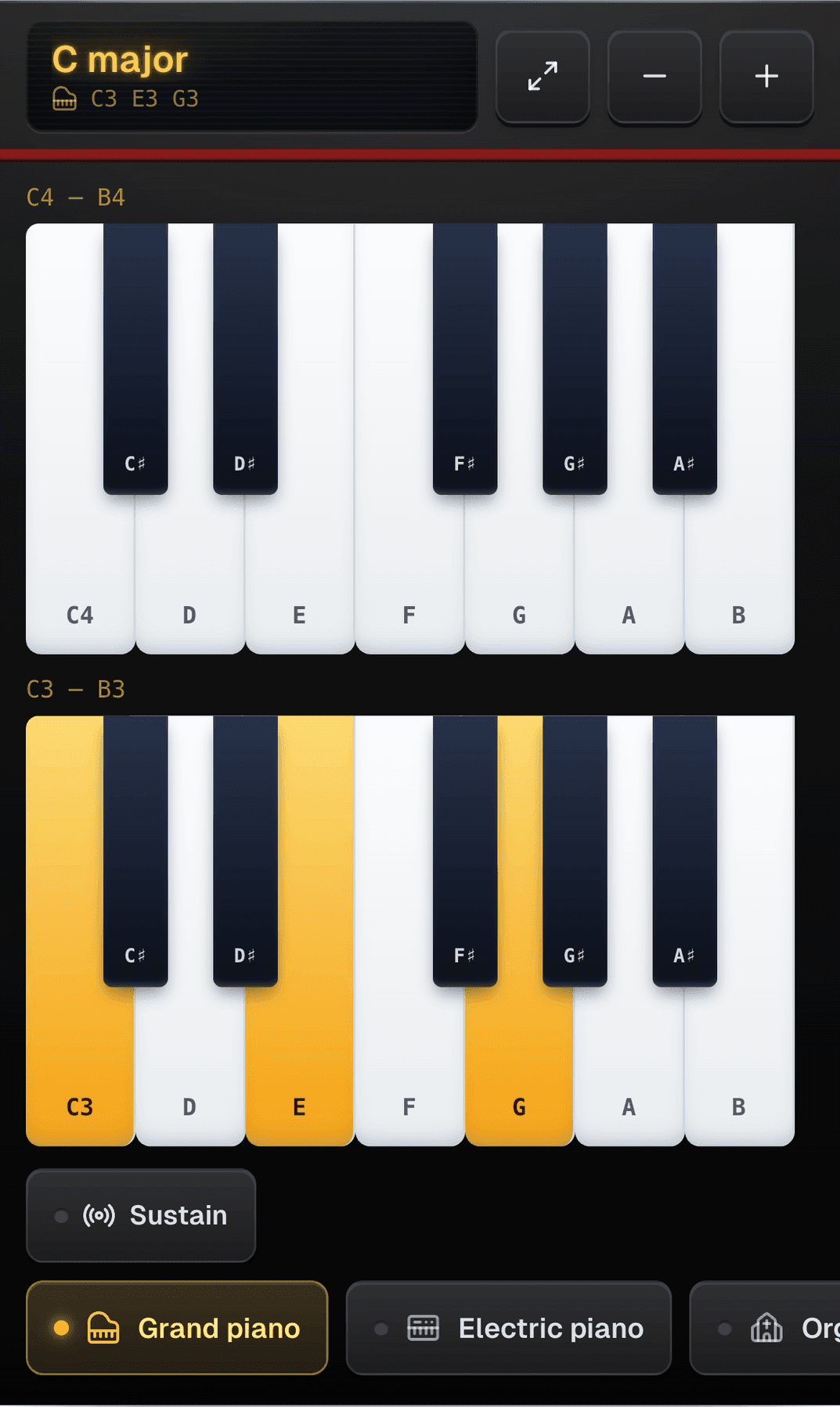 The virtual piano on a phone with Stacked keys: two octaves, one above the other
