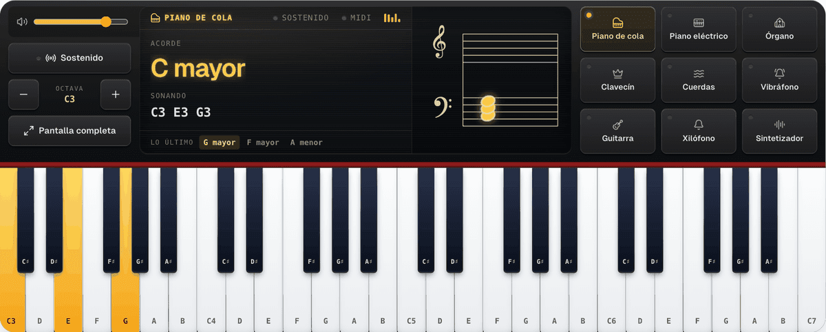 El piano online de emusic.tools con un acorde de Do mayor: la pantalla lo nombra, muestra las notas, las escribe en el pentagrama y guarda los acordes tocados antes