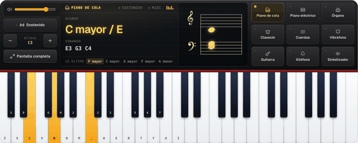 Atajos de teclado activados: cada tecla del piano muestra su letra y el acorde Mi Sol Do aparece como C mayor / E