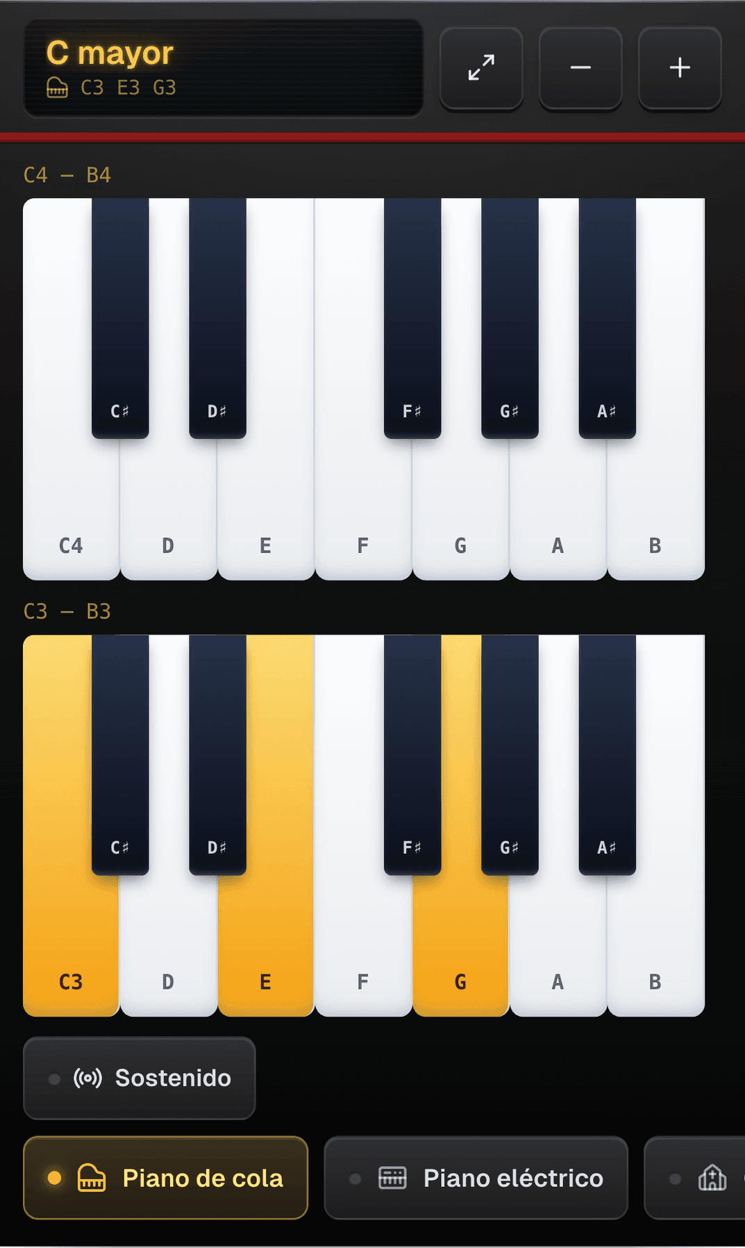 El piano virtual en un móvil con Teclas en dos filas: dos octavas, una sobre otra