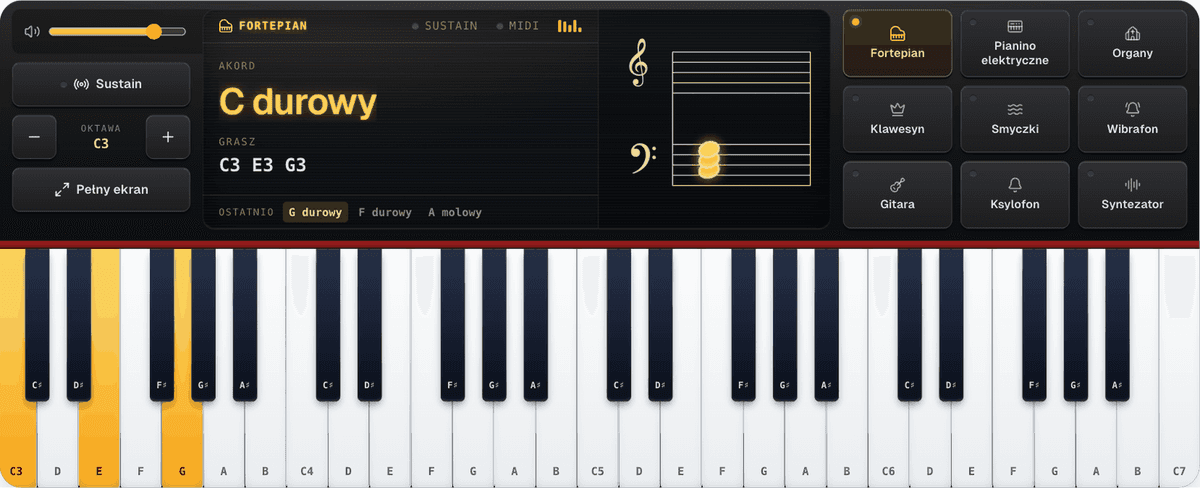 Pianino online emusic.tools z akordem C-dur: wyświetlacz nazywa akord, pokazuje dźwięki, zapisuje je na pięciolinii i trzyma akordy zagrane wcześniej