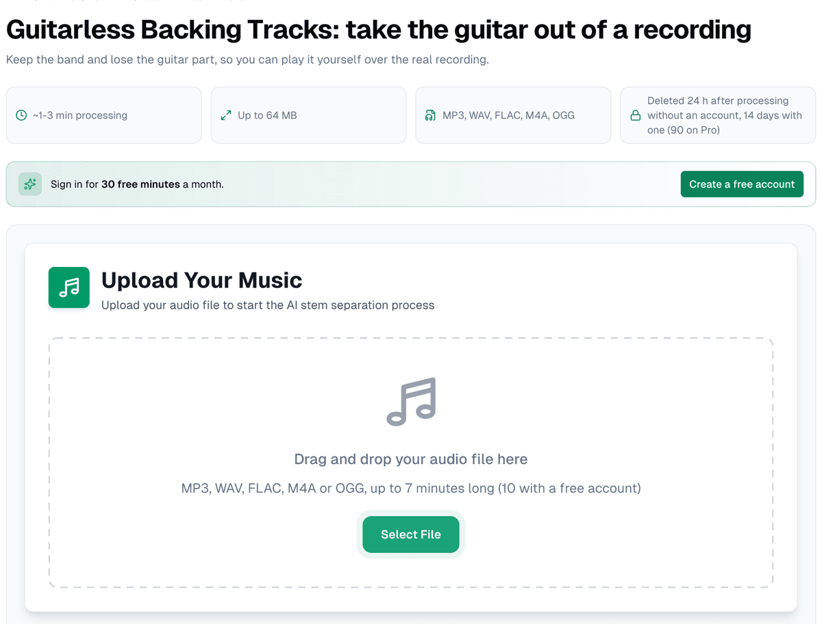 The guitarless track maker: processing time, a 64 MB limit, the accepted formats and how long files are kept with and without an account, above the upload area